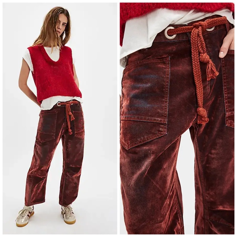 Free People Moxie Flocked Pull On Barrel Jeans‎ Chilli Red Sz 32